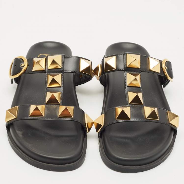 Pre Owned Valentino Black Leather Roman Stud Flat Slide Sandals Size 36