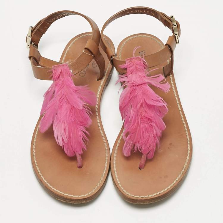 Pre Owned Valentino Brown/Pink Feather and Leather Flat Sandals Size 37