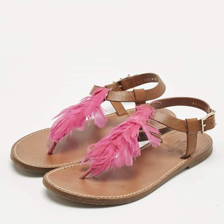 Pre Owned Valentino Brown/Pink Feather and Leather Flat Sandals Size 37