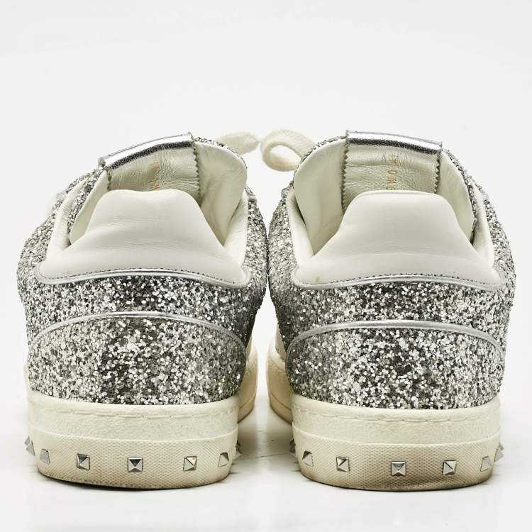 Pre Owned Valentino Silver Glitter and Leather Fly Crew Low Top Sneakers Size 41