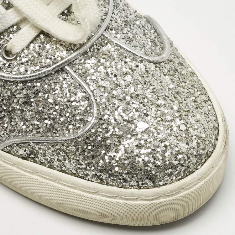 Pre Owned Valentino Silver Glitter and Leather Fly Crew Low Top Sneakers Size 41