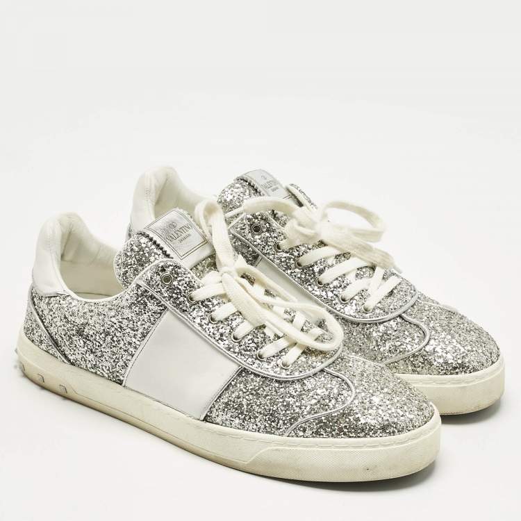 Pre Owned Valentino Silver Glitter and Leather Fly Crew Low Top Sneakers Size 41