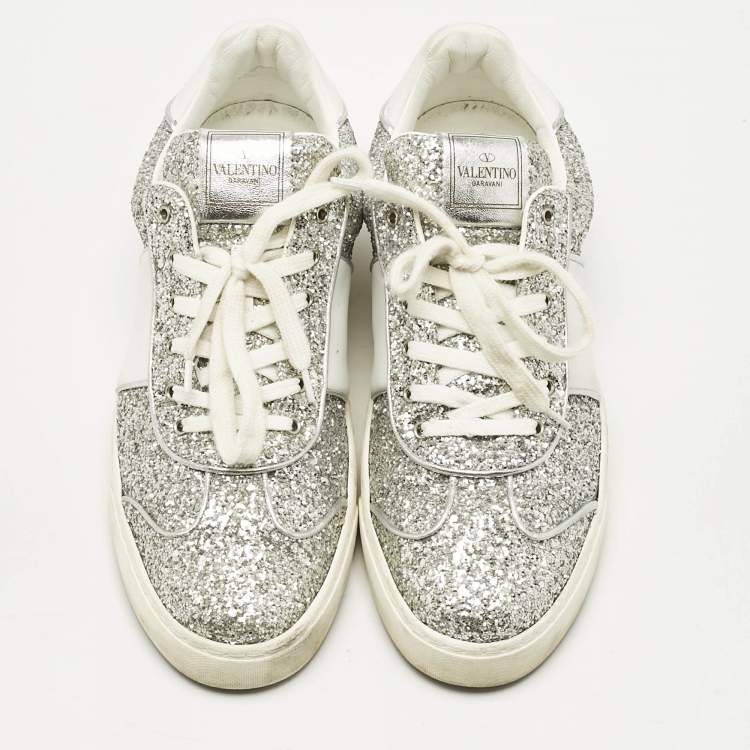 Pre Owned Valentino Silver Glitter and Leather Fly Crew Low Top Sneakers Size 41