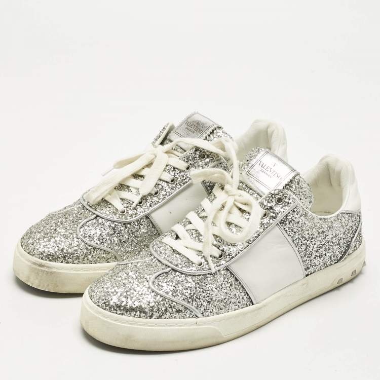 Pre Owned Valentino Silver Glitter and Leather Fly Crew Low Top Sneakers Size 41