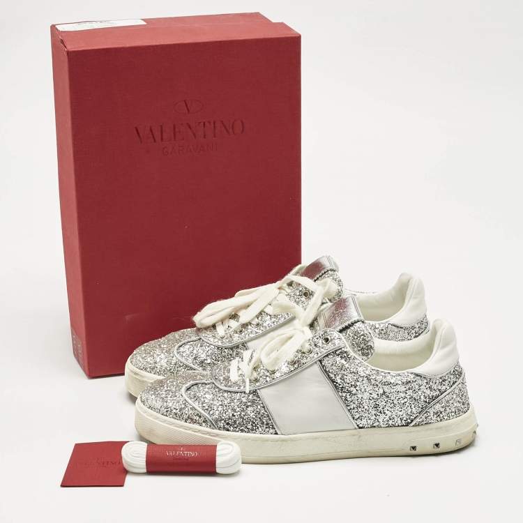 Pre Owned Valentino Silver Glitter and Leather Fly Crew Low Top Sneakers Size 41