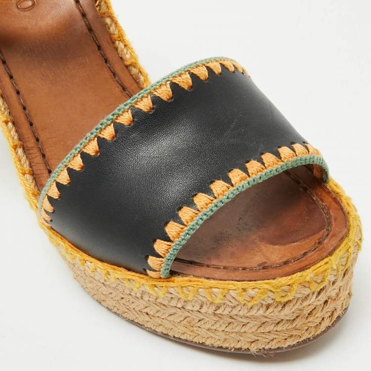 Pre Owned Valentino Navy Blue Leather Esapadrille Wedge Sandals Size 36