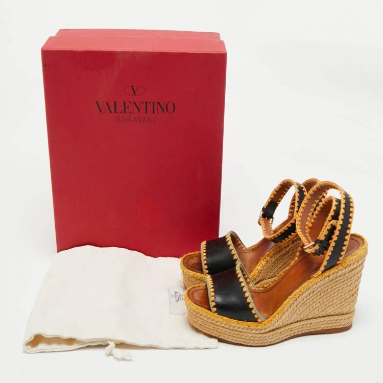 Pre Owned Valentino Navy Blue Leather Esapadrille Wedge Sandals Size 36