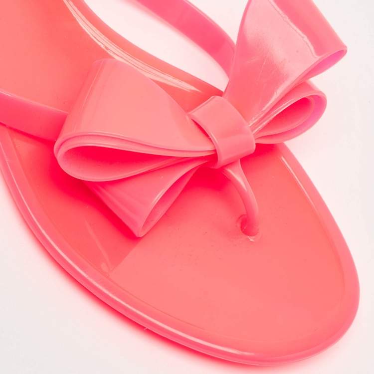 Pre Owned Valentino Red Jelly Bow Accents Slide Flats Size 37