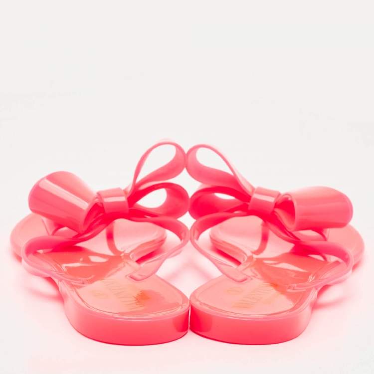 Pre Owned Valentino Red Jelly Bow Accents Slide Flats Size 37