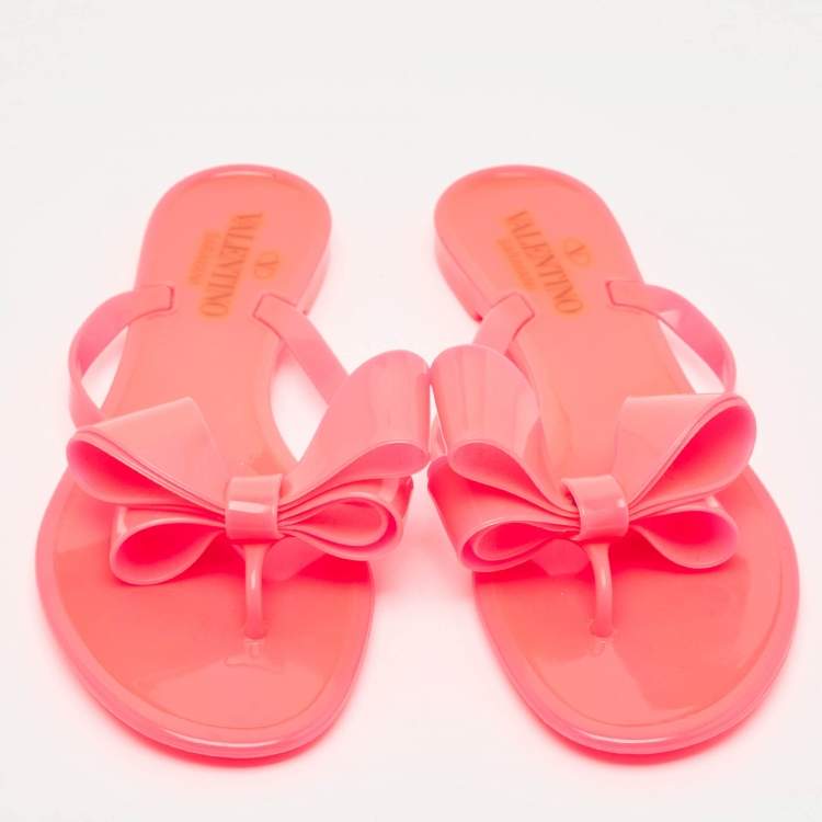 Pre Owned Valentino Red Jelly Bow Accents Slide Flats Size 37