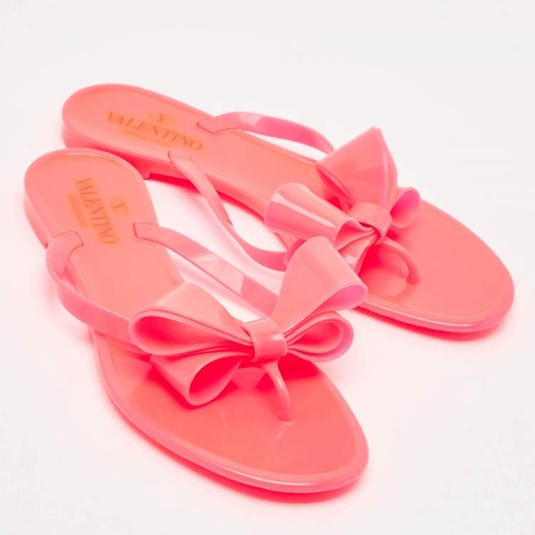 Pre Owned Valentino Red Jelly Bow Accents Slide Flats Size 37