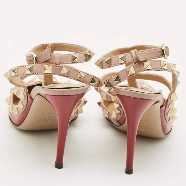 Pre Owned Valentino Red/Beige Patent Leather Rockstud Ankle Strap Pumps Size 36.5