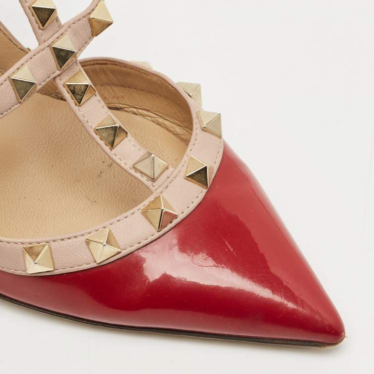 Pre Owned Valentino Red/Beige Patent Leather Rockstud Ankle Strap Pumps Size 36.5