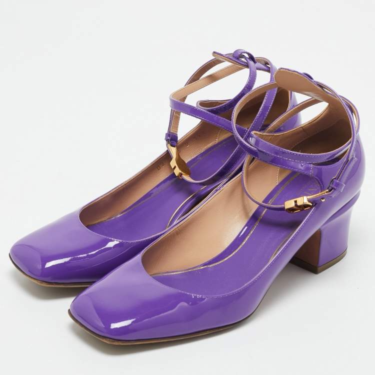 Pre Owned Valentino Purple Patent Leather Tan-Go Block Heel Pumps Size 39.5
