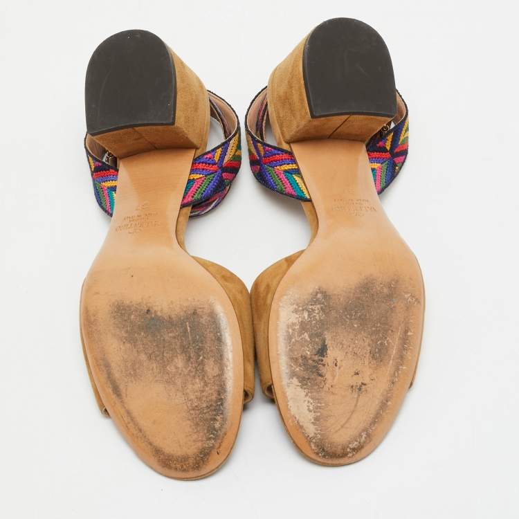 Pre Owned Valentino Brown Canvas and Suede Ankle Strap Sandals Size 37