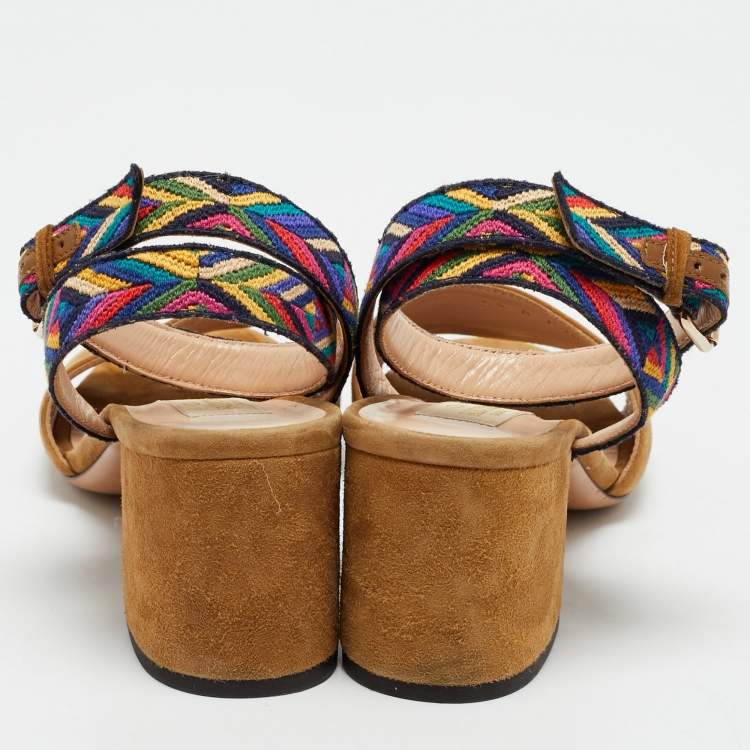 Pre Owned Valentino Brown Canvas and Suede Ankle Strap Sandals Size 37