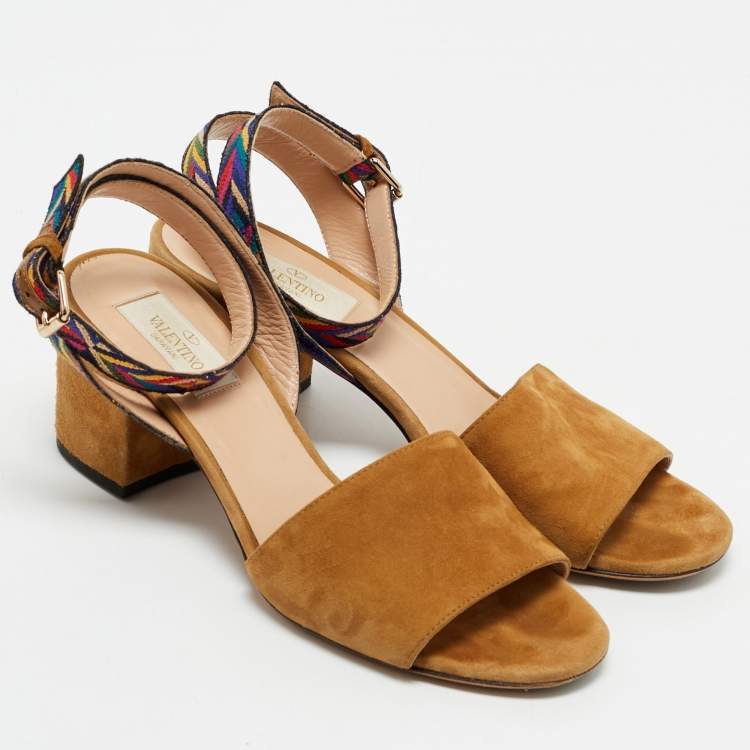 Pre Owned Valentino Brown Canvas and Suede Ankle Strap Sandals Size 37