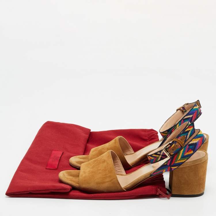 Pre Owned Valentino Brown Canvas and Suede Ankle Strap Sandals Size 37
