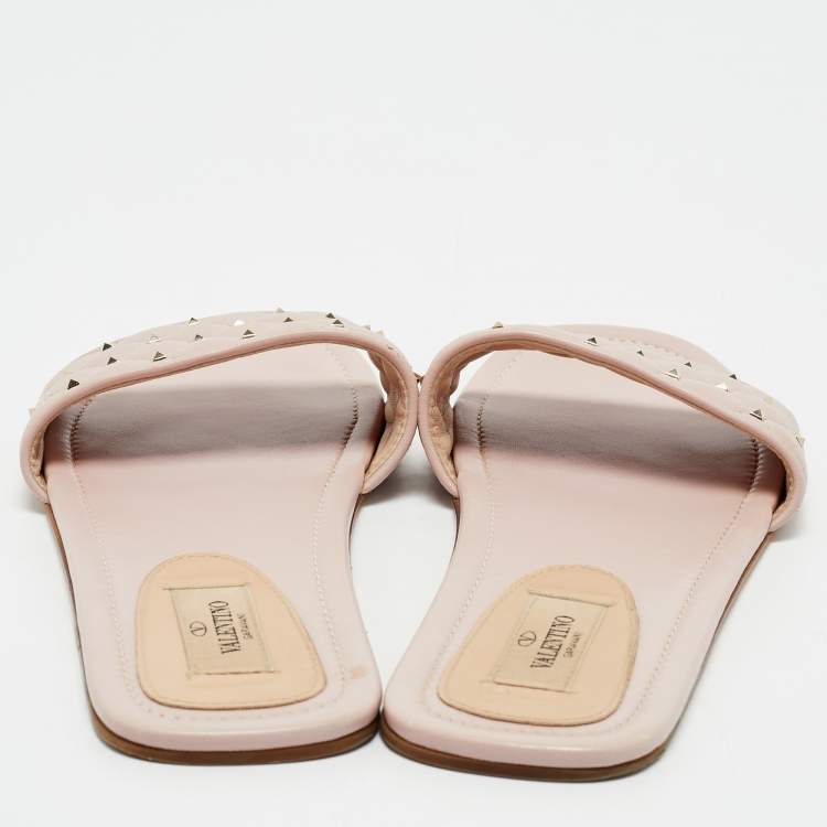 Pre Owned Valentino Light Pink Quilted Leather Rockstud Flat Slide Sandals Size 40