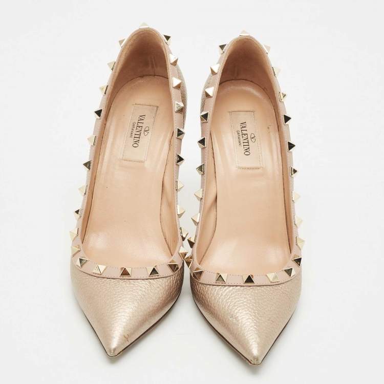 Pre Owned Valentino Metallic Gold Leather Rockstud Pointed Toe Pumps Size 38