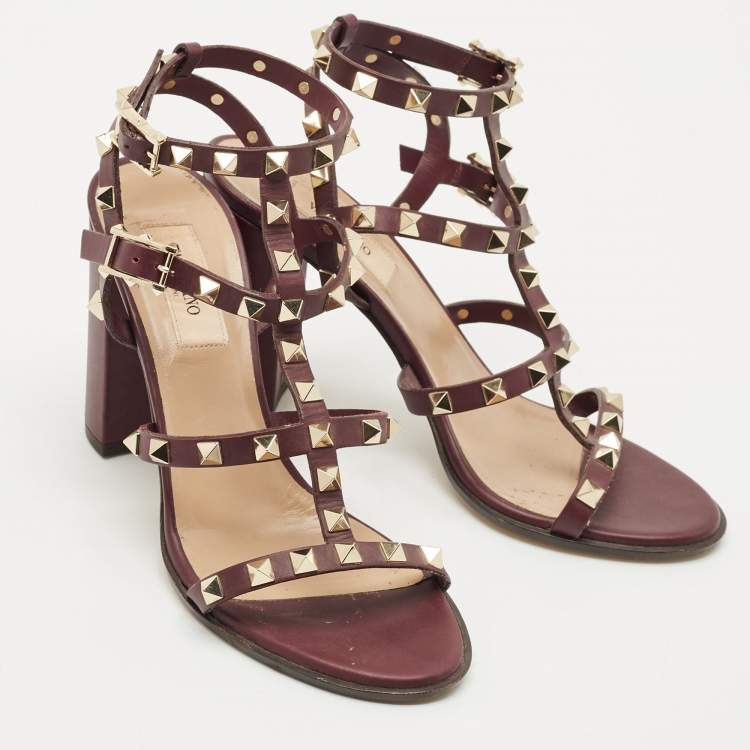 Pre Owned Valentino Burgundy Leather Rockstud Ankle Strap Sandals Size 37.5