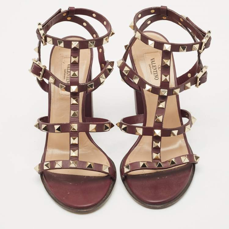 Pre Owned Valentino Burgundy Leather Rockstud Ankle Strap Sandals Size 37.5