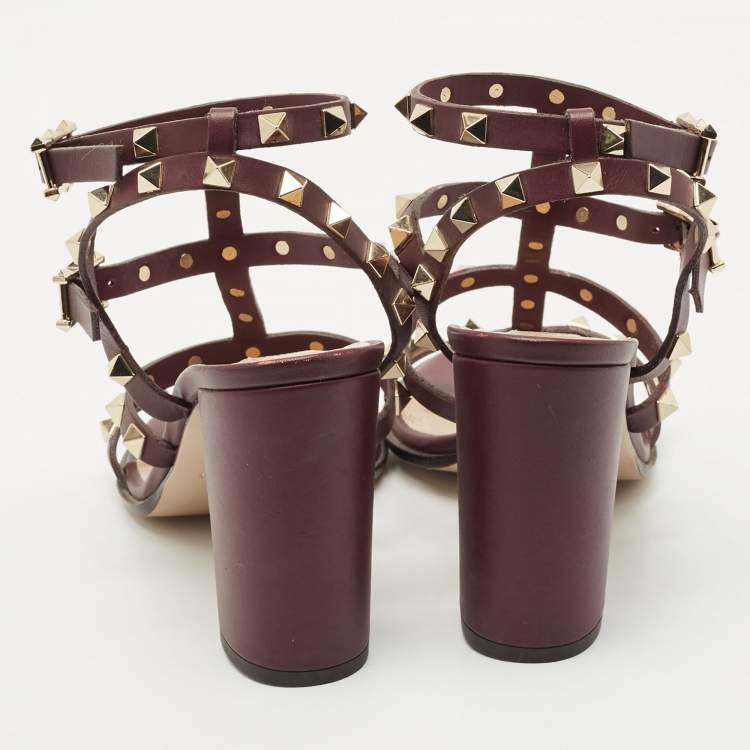 Pre Owned Valentino Burgundy Leather Rockstud Ankle Strap Sandals Size 37.5