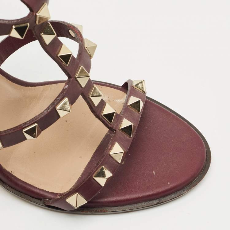 Pre Owned Valentino Burgundy Leather Rockstud Ankle Strap Sandals Size 37.5