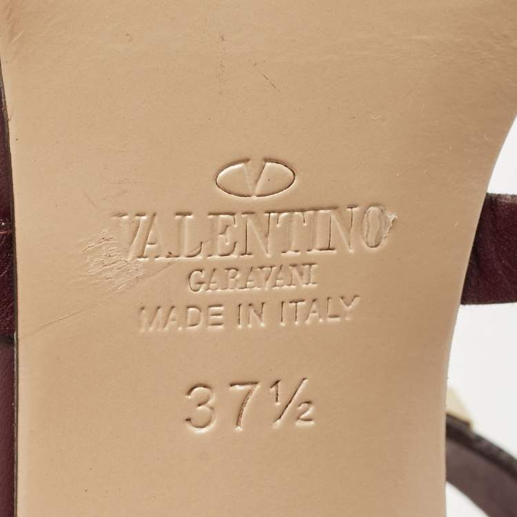 Pre Owned Valentino Burgundy Leather Rockstud Ankle Strap Sandals Size 37.5