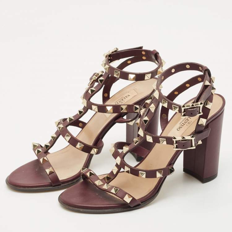 Pre Owned Valentino Burgundy Leather Rockstud Ankle Strap Sandals Size 37.5