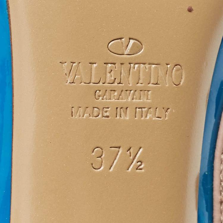 Pre Owned Valentino Blue/Beige Patent Leather And Leather Rockstud Ankle Strap Sandals Size 37.5