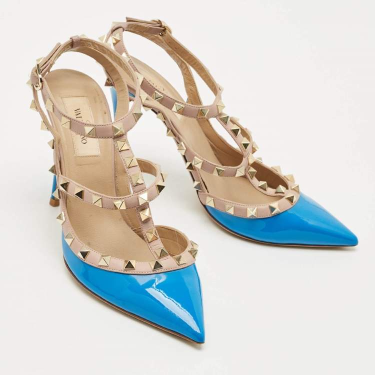 Pre Owned Valentino Blue/Beige Patent Leather And Leather Rockstud Ankle Strap Sandals Size 37.5