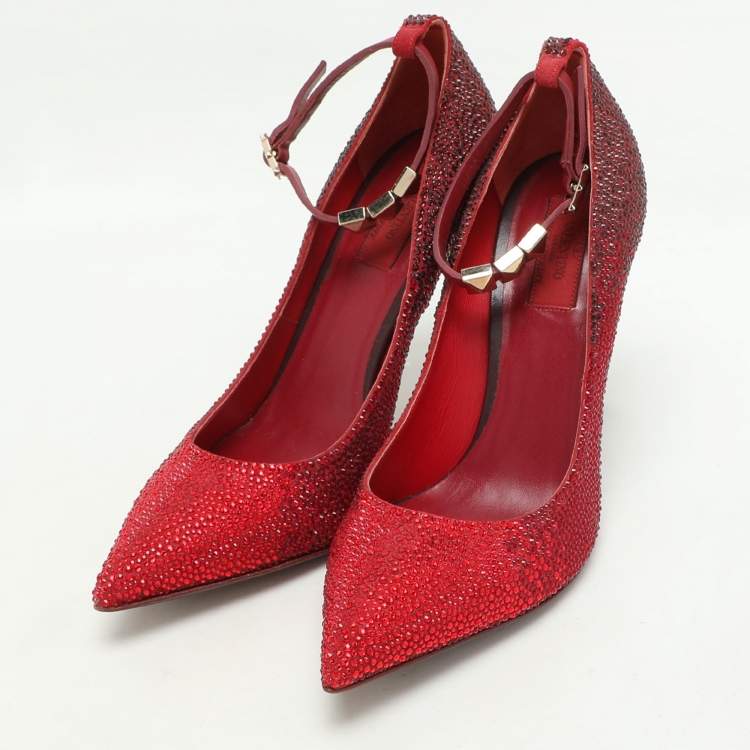 Pre Owned Valentino Burgundy Suede Crystal Embellished Ankle Strap Pumps Size 37