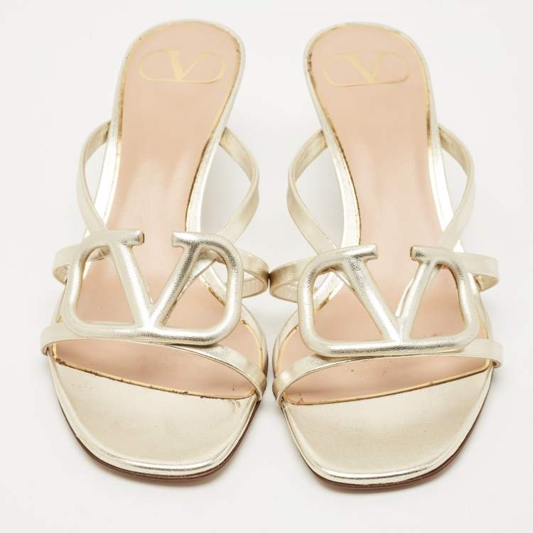 Pre Owned Valentino Metallic Leather VLogo Signature Slide Sandals Size 36