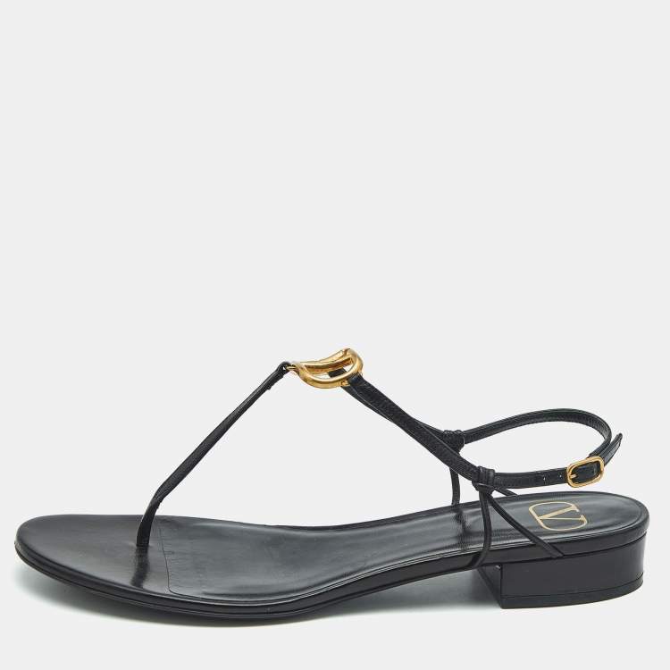 Pre Owned Valentino Black Leather VLogo Thong Sandals Size 40