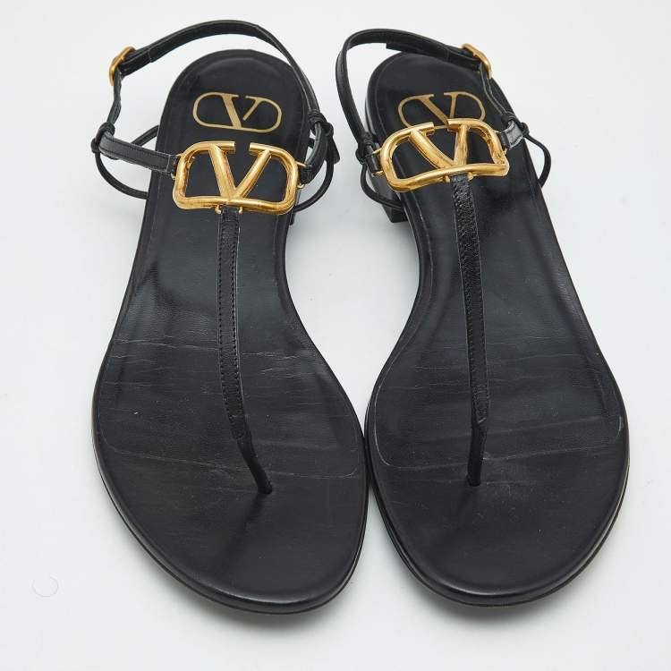 Pre Owned Valentino Black Leather VLogo Thong Sandals Size 40