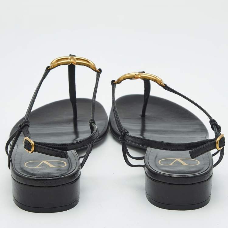 Pre Owned Valentino Black Leather VLogo Thong Sandals Size 40