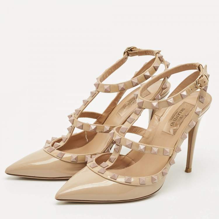 Pre Owned Valentino Beige Patent Leather Rockstud Caged Pumps Size 37.5