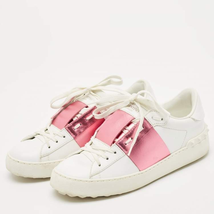 Pre Owned Valentino White/Pink Leather Rockstud Lace Up  Sneakers Size 37