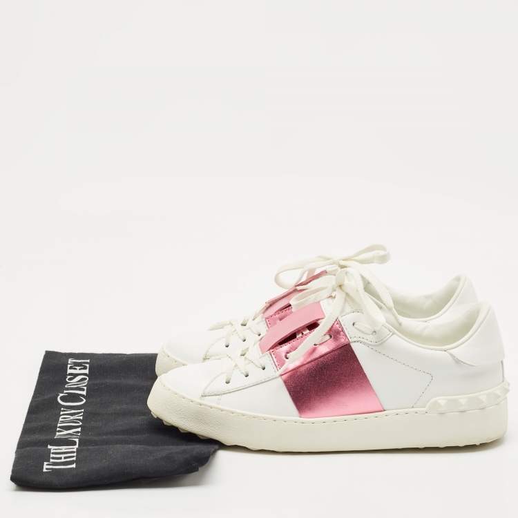 Pre Owned Valentino White/Pink Leather Rockstud Lace Up  Sneakers Size 37