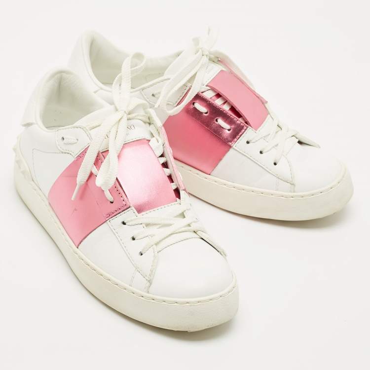 Pre Owned Valentino White/Pink Leather Rockstud Lace Up  Sneakers Size 37