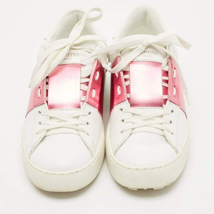 Pre Owned Valentino White/Pink Leather Rockstud Lace Up  Sneakers Size 37