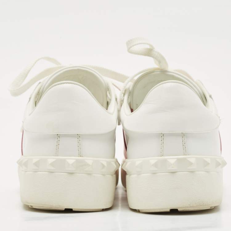 Pre Owned Valentino White/Pink Leather Rockstud Lace Up  Sneakers Size 37