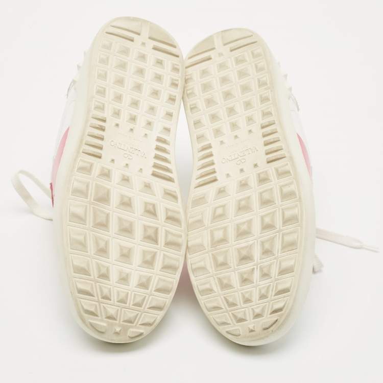 Pre Owned Valentino White/Pink Leather Rockstud Lace Up  Sneakers Size 37