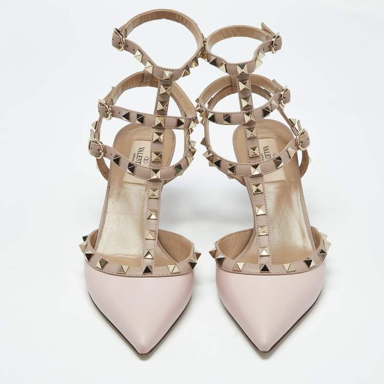 Pre Owned Valentino Dusty Pink Leather Rockstud Ankle Strap Pumps Size 39