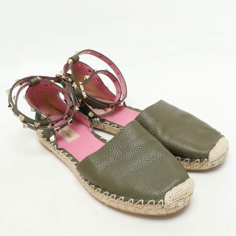 Pre Owned Valentino Olive Green Leather Rockstud Ankle Strap Espadrille Flats Size 40
