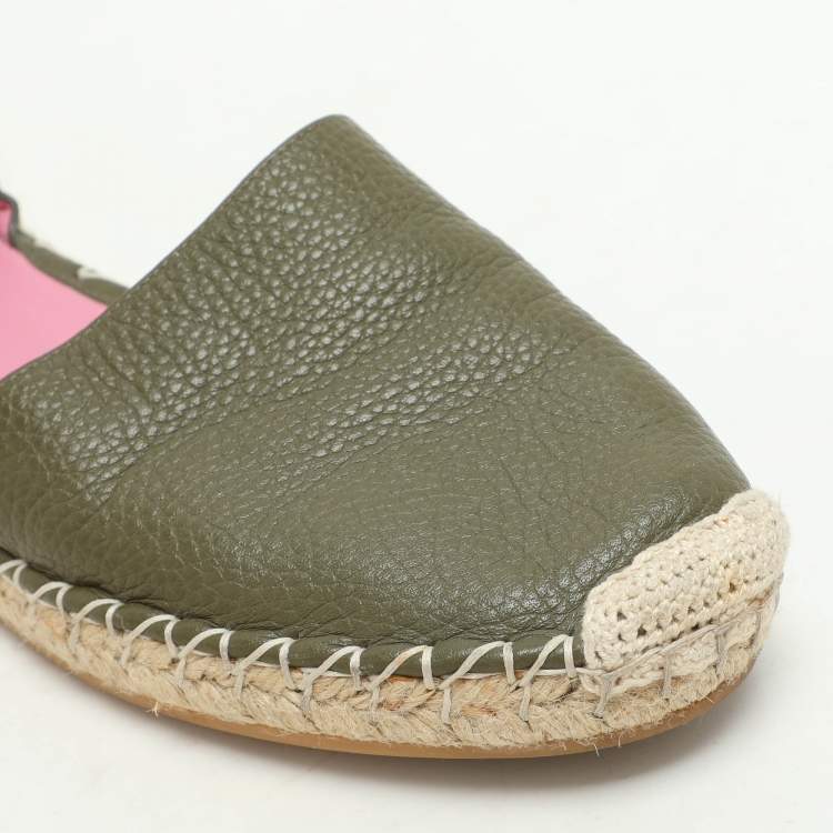Pre Owned Valentino Olive Green Leather Rockstud Ankle Strap Espadrille Flats Size 40