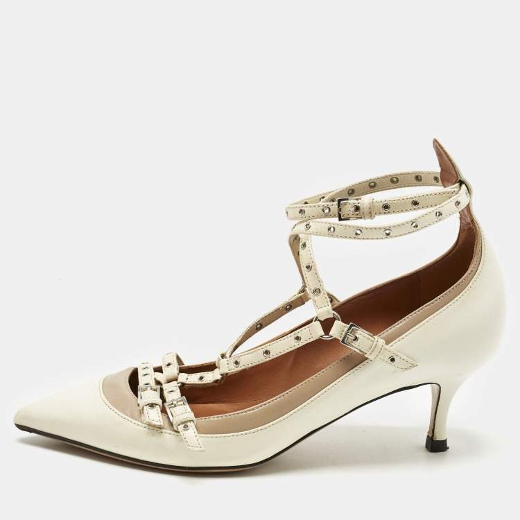 Pre Owned Valentino Cream/Beige Leather Kitten Heels Ankle Strap Pointed Toe Pumps Size 35