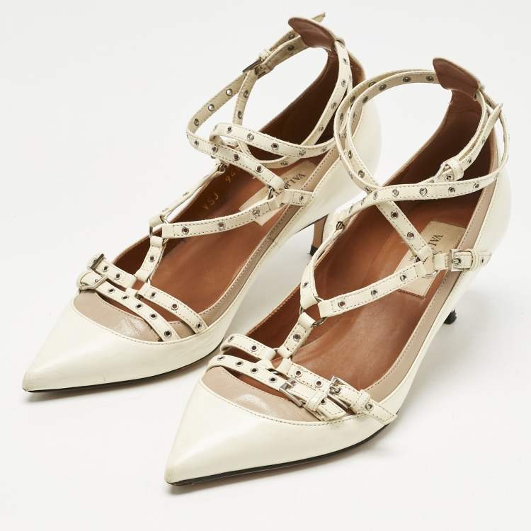Pre Owned Valentino Cream/Beige Leather Kitten Heels Ankle Strap Pointed Toe Pumps Size 35