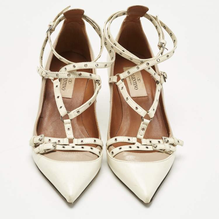 Pre Owned Valentino Cream/Beige Leather Kitten Heels Ankle Strap Pointed Toe Pumps Size 35